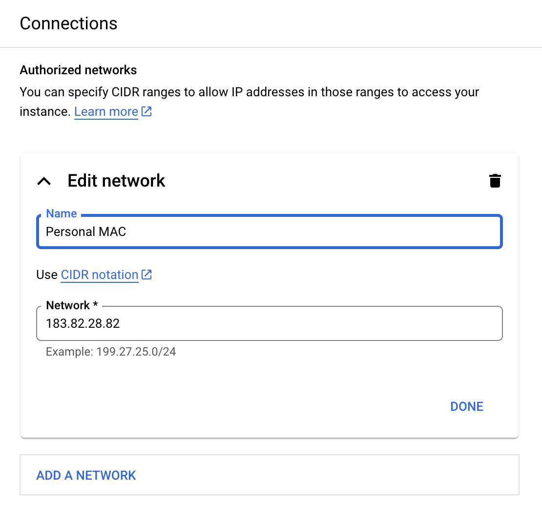 Authorize network for Cloud SQL connection